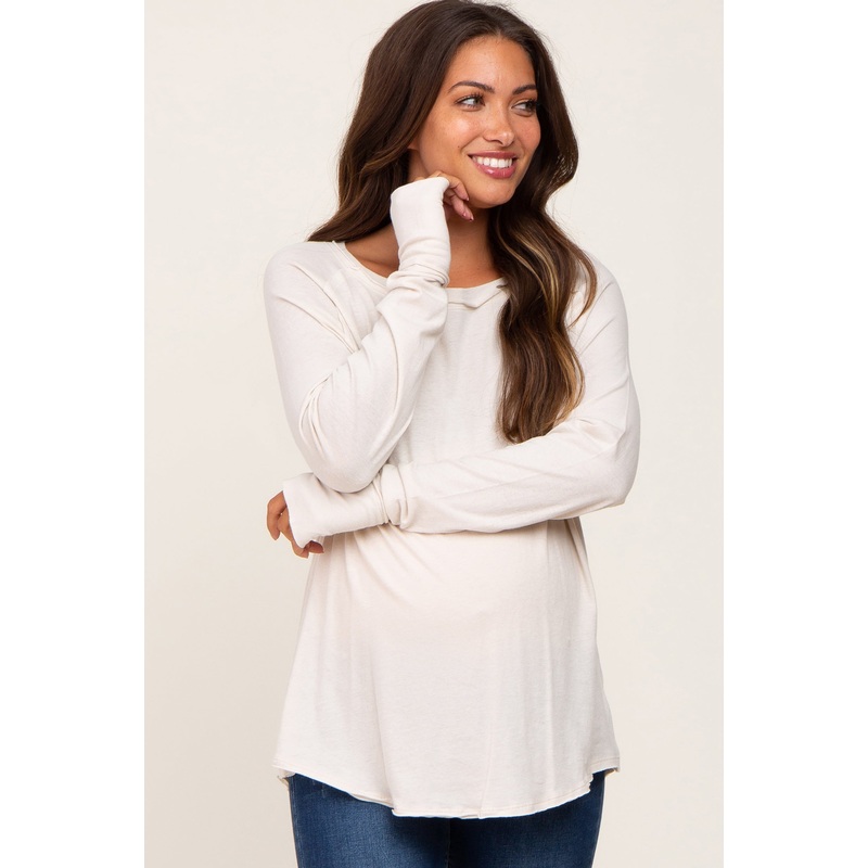 Beige Distressed Seam Maternity Long Sleeve Top