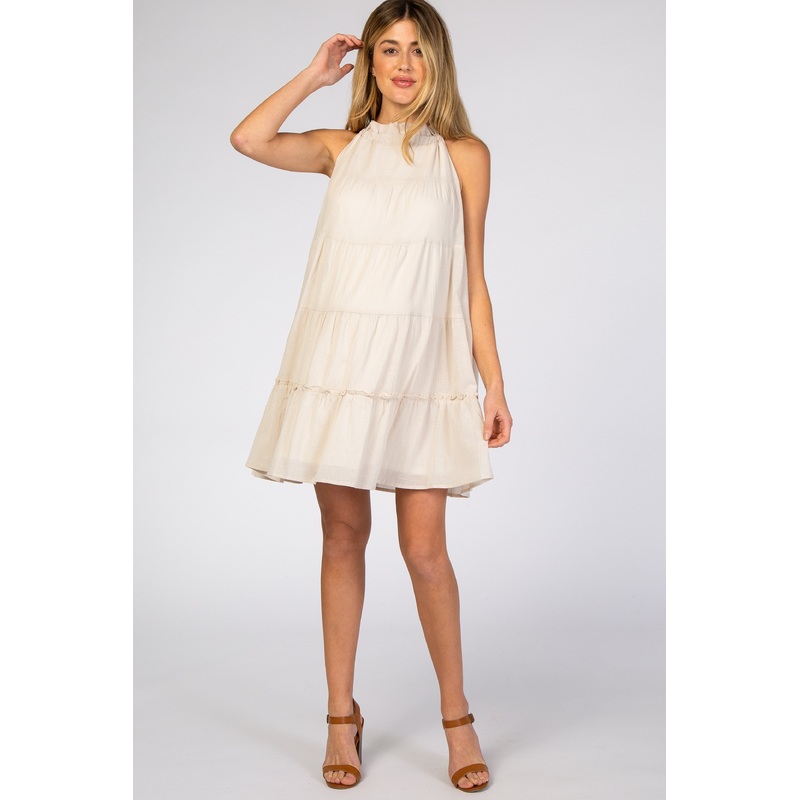 Beige Mock Neck Ruffle Tiered Linen Maternity Dress