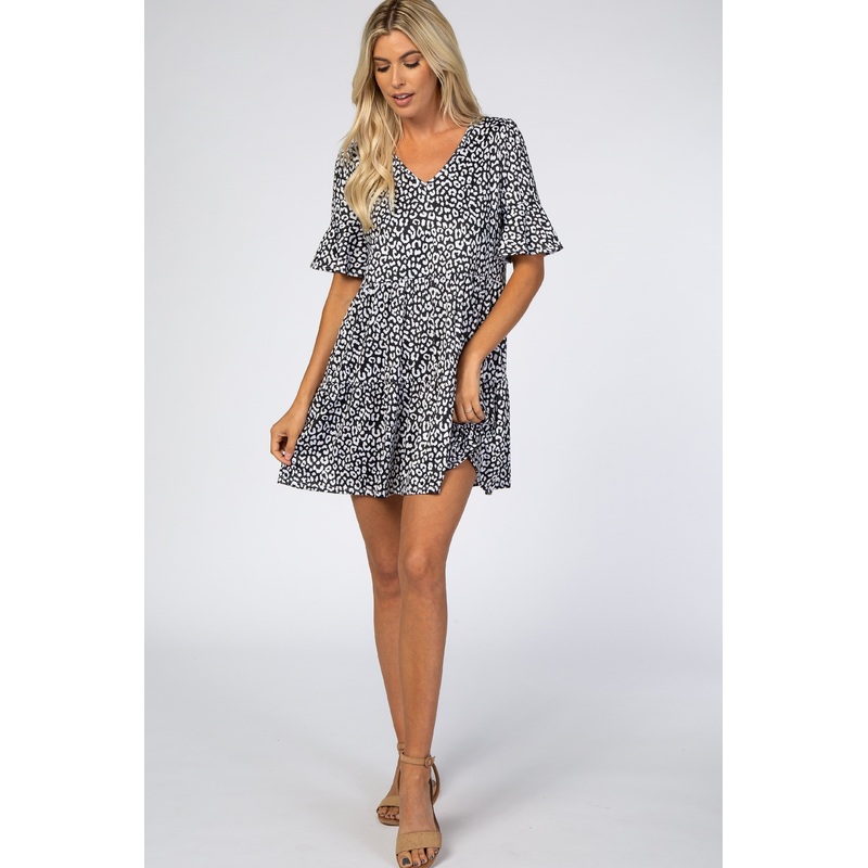 Black Animal Print Ruffle Sleeve Dress