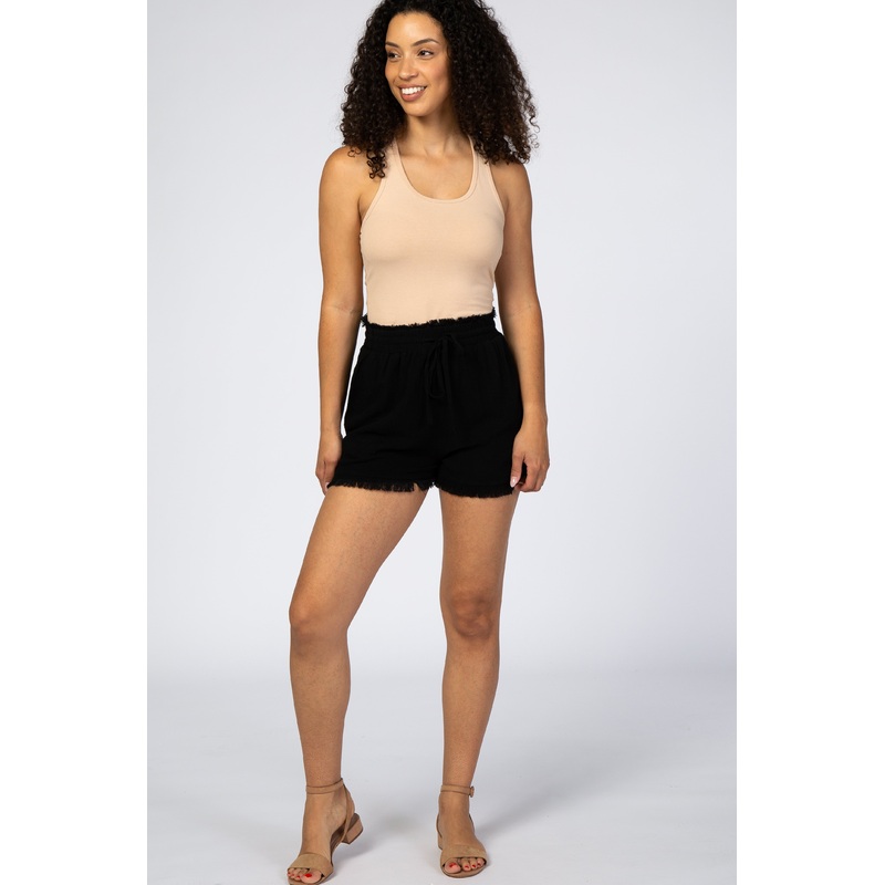 Black Linen Fringe Trim Drawstring Shorts