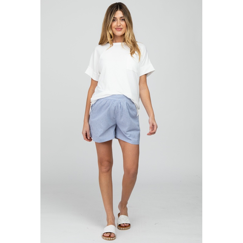 Light Blue Striped Maternity Shorts
