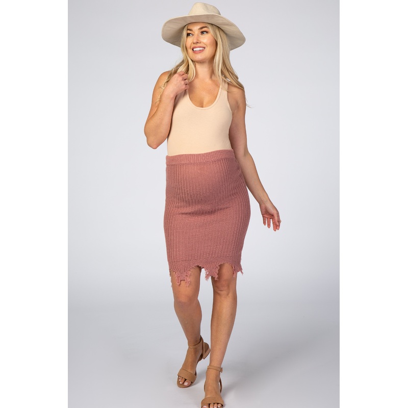 Mauve Distressed Fringe Hem Maternity Skirt