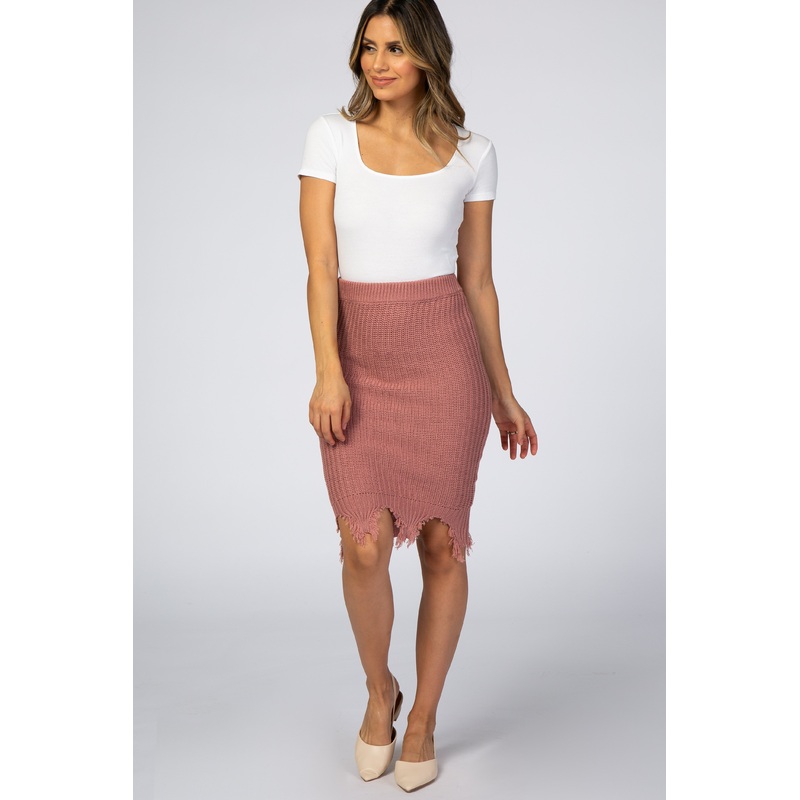 Mauve Distressed Fringe Hem Skirt