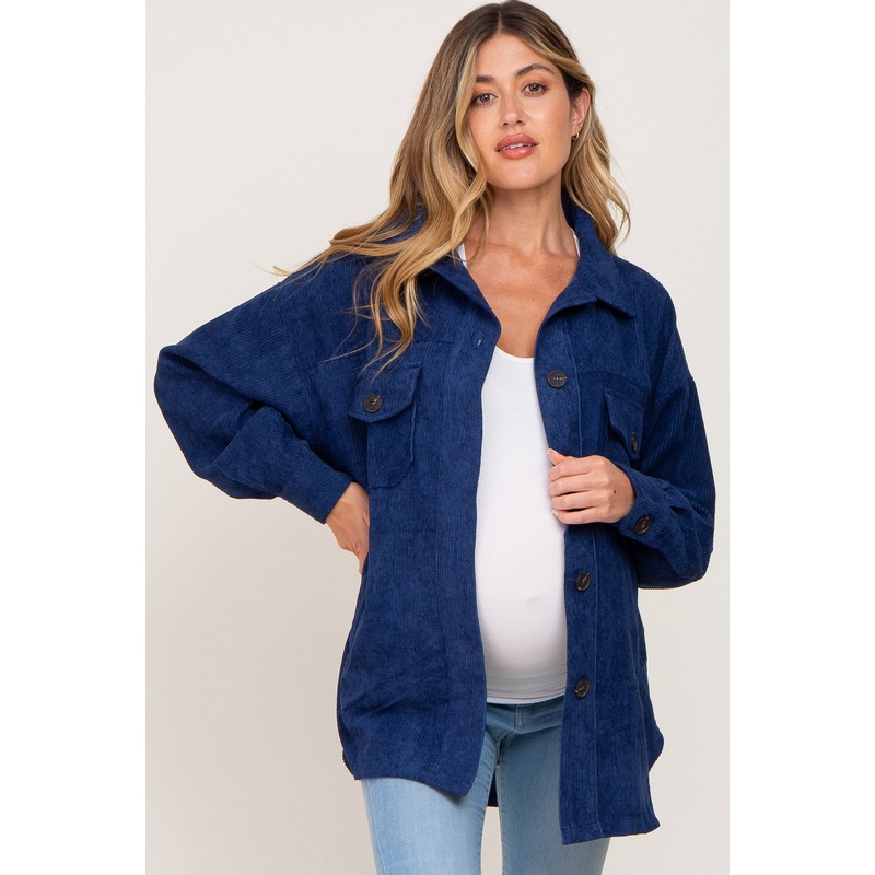Navy Blue Corduroy Maternity Shirt Jacket