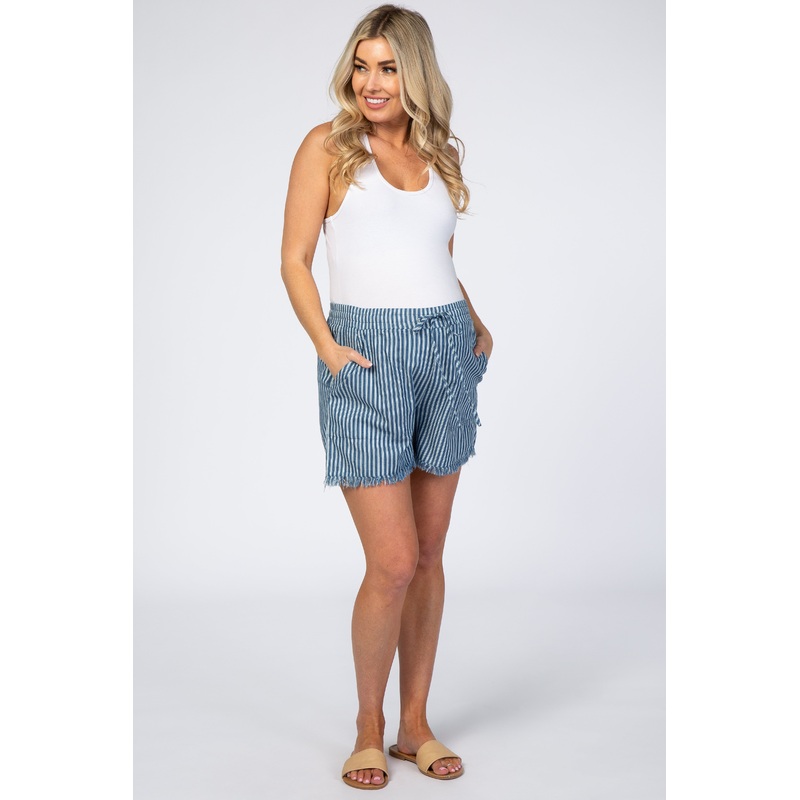 Navy Blue Striped Fringe Hem Drawstring Maternity Shorts