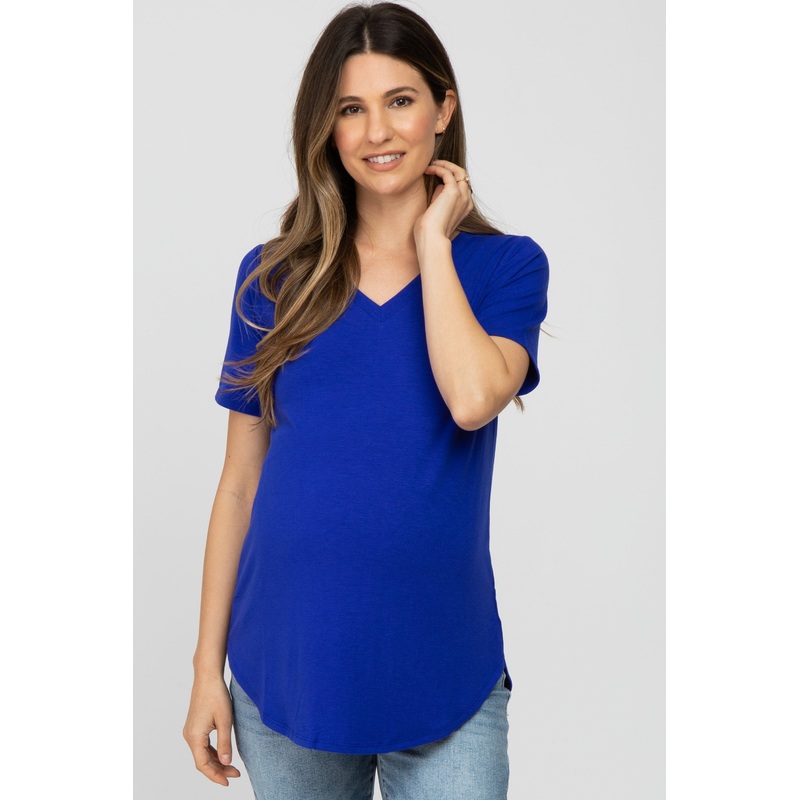 Royal Blue V-Neck Maternity Short Sleeve Round Hem Top
