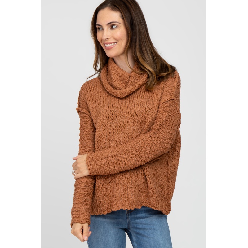 Rust Popcorn Knit Cowl Neck Sweater