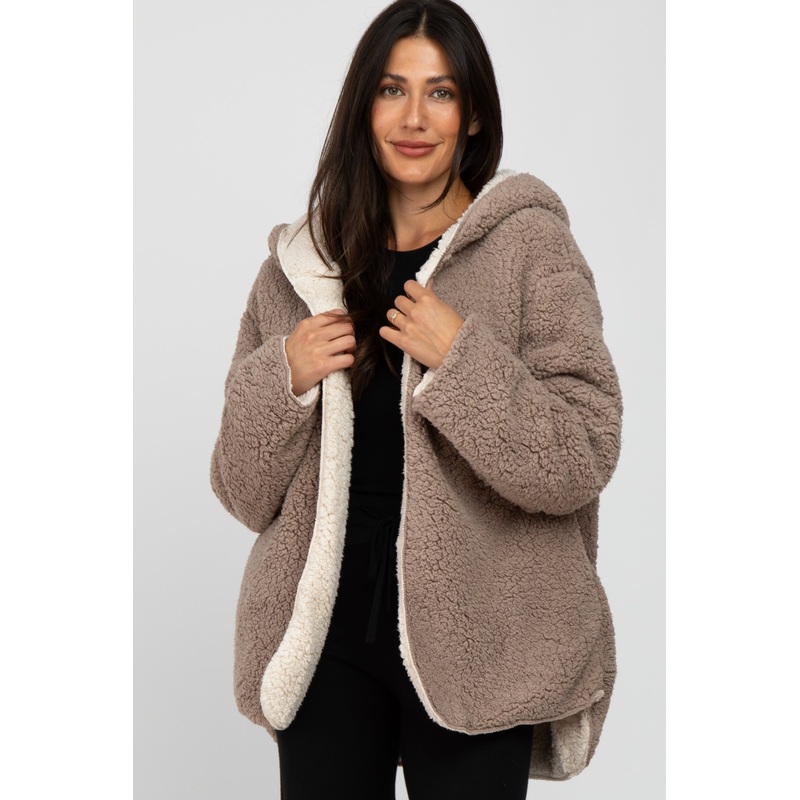 Taupe Sherpa Fleece Hooded Jacket