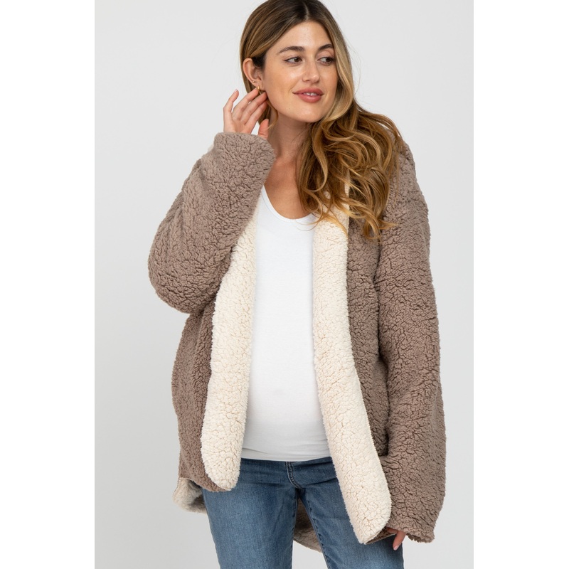 Taupe Sherpa Fleece Hooded Maternity Jacket