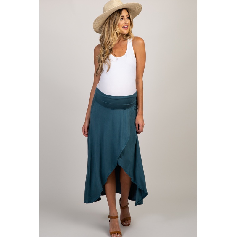 Teal Foldover Hi-Low Maternity Wrap Skirt