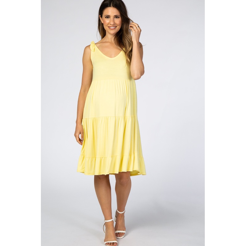 Yellow Tiered Tie Sleeve Maternity Dress