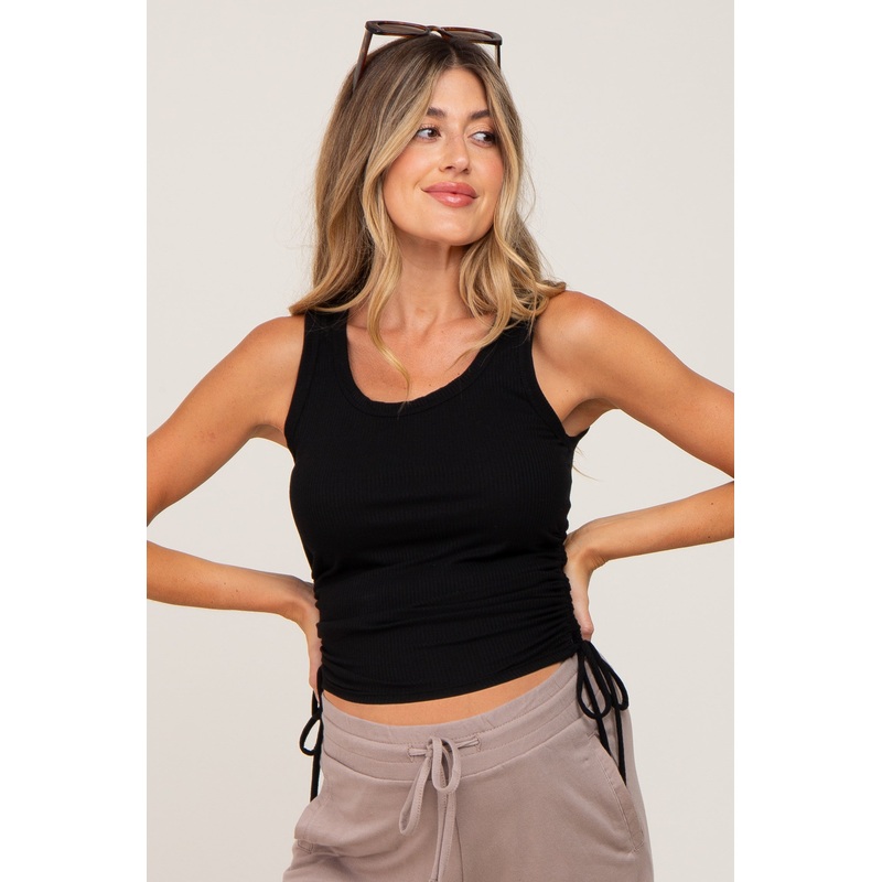 Black Ribbed Drawstring Side Maternity Tank Top