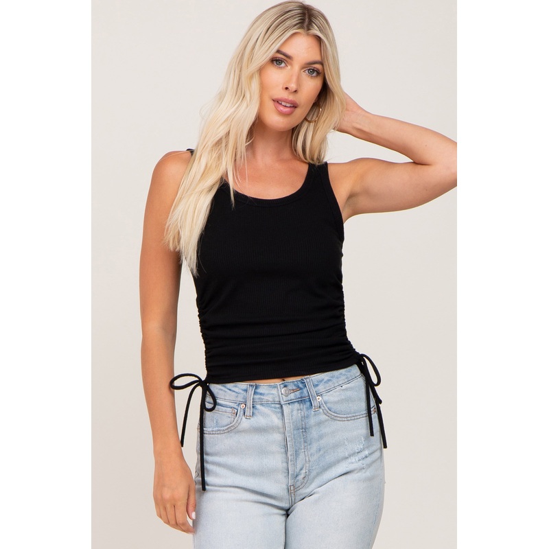 Black Ribbed Drawstring Side Tank Top