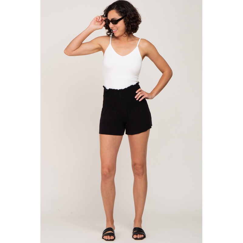 Black Smocked High Waist Shorts