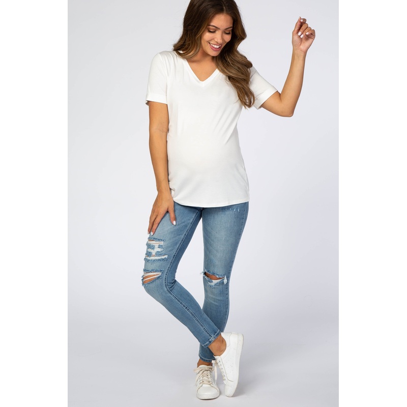 Light Blue Distressed Cropped Maternity Jeans