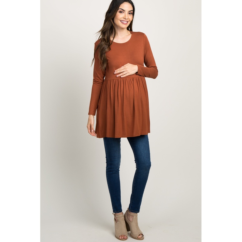 Rust Solid Long Sleeve Peplum Maternity Top