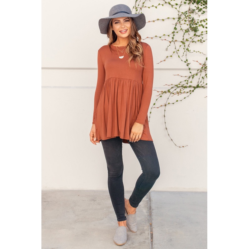 Rust Solid Long Sleeve Peplum Top