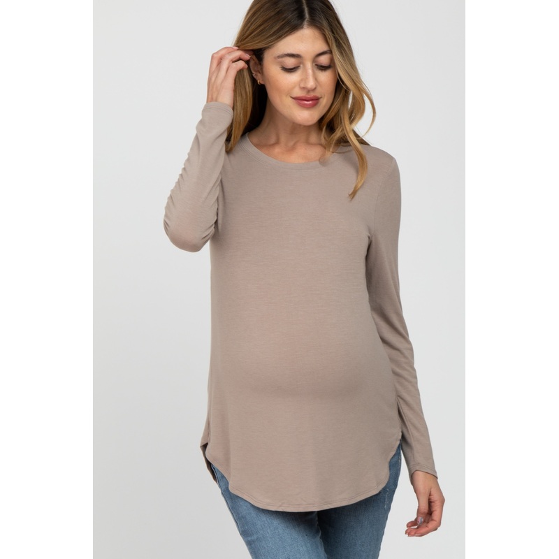 Taupe Basic Long Sleeve Maternity Top