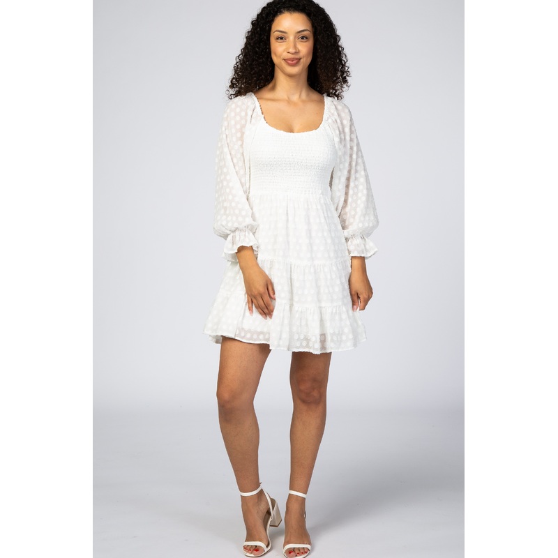 White Smocked Polka Dot Long Sleeve Dress