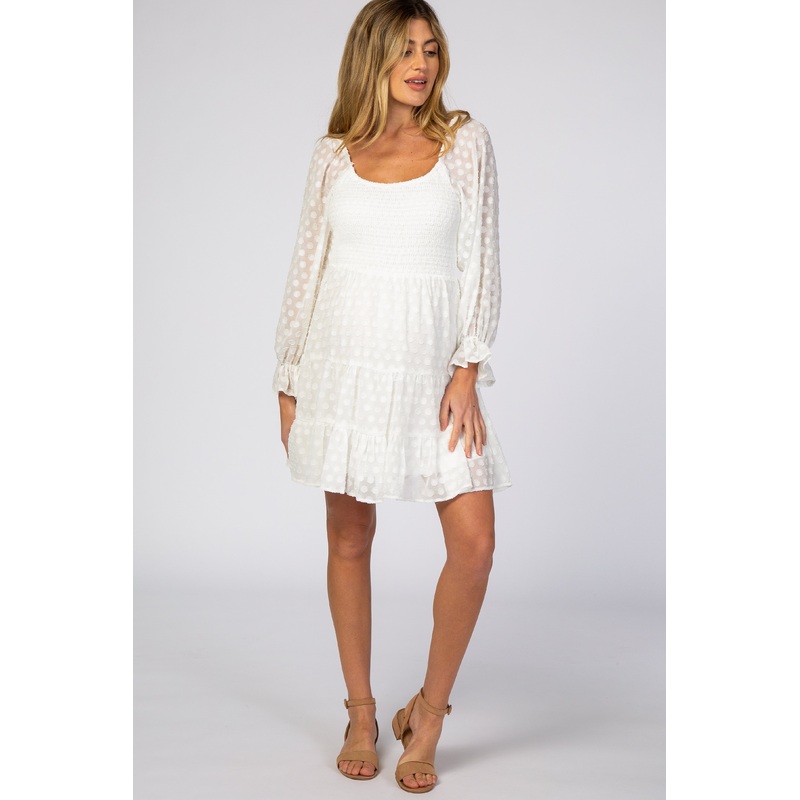 White Smocked Polka Dot Long Sleeve Maternity Dress