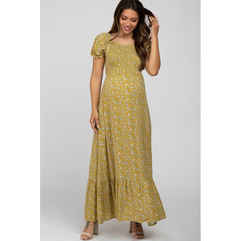 Yellow Criss-Cross Back Floral Maternity Maxi Dress