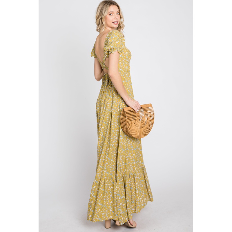 Yellow Criss-Cross Back Floral Maxi Dress