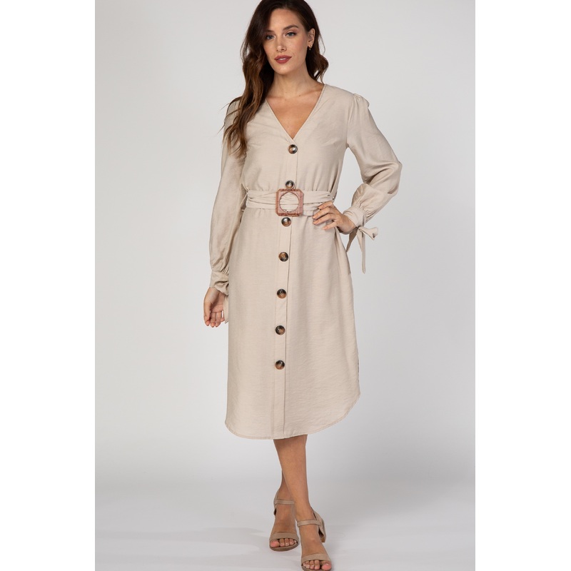 Beige Button Front Belted Midi Dress