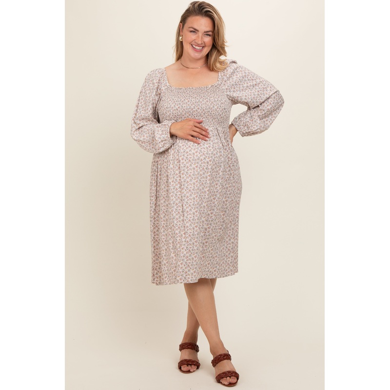 Beige Floral Print Long Sleeve Maternity Plus Midi Dress
