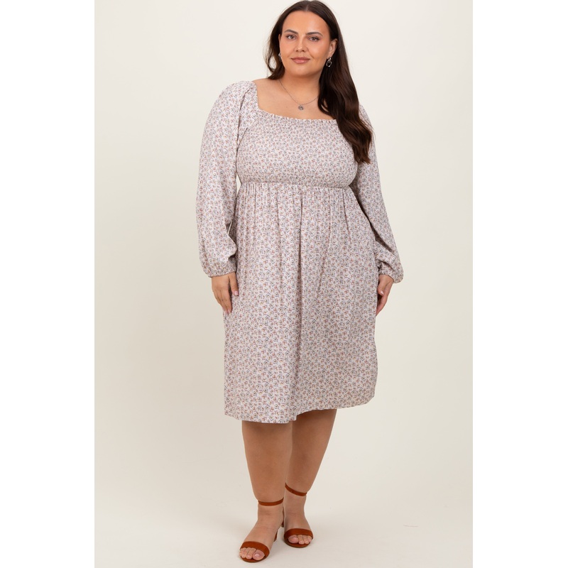 Beige Floral Print Long Sleeve Plus Midi Dress