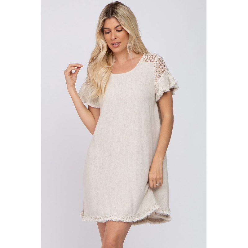 Beige Linen Crochet Shoulder Fringe Hem Dress