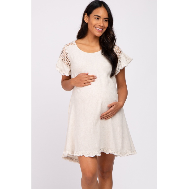 Beige Linen Crochet Shoulder Fringe Hem Maternity Dress