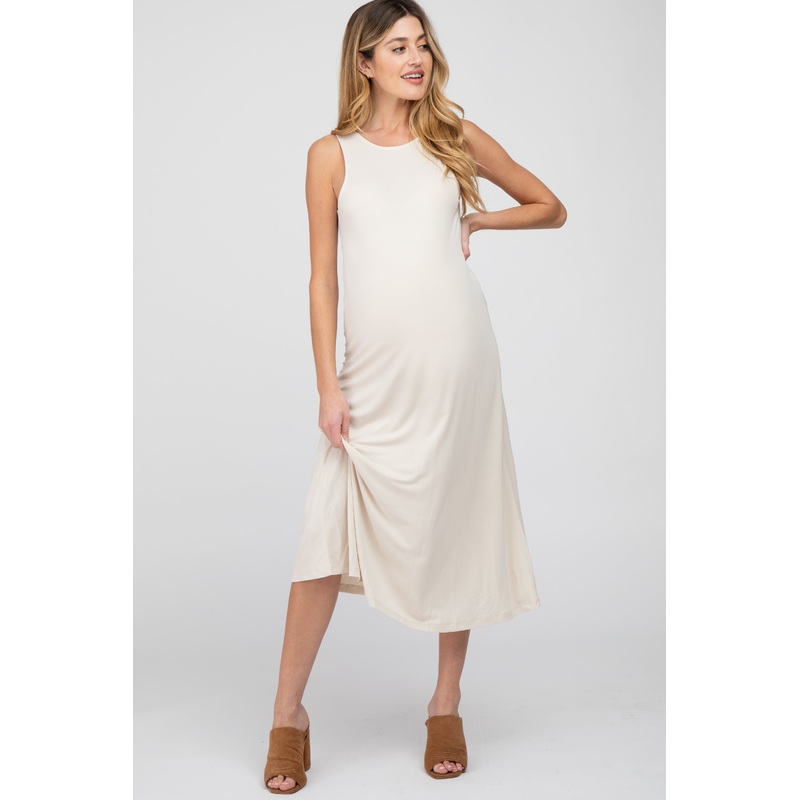 Beige Low V-Back Sleeveless Maternity Midi Dress