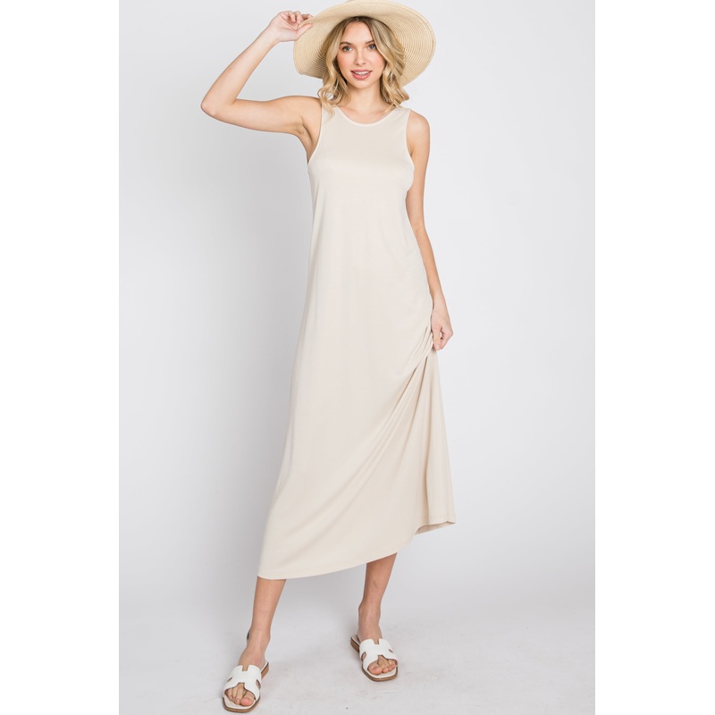 Beige Low V-Back Sleeveless Midi Dress