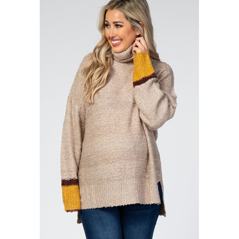 Beige Turtle Neck Colorblock Maternity Sweater