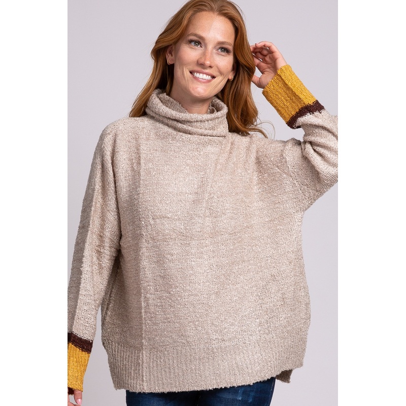 Beige Turtle Neck Colorblock Sweater