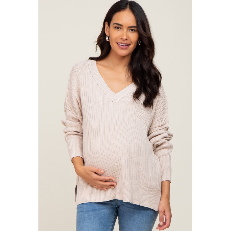 Beige V-Neck Oversized Maternity Sweater