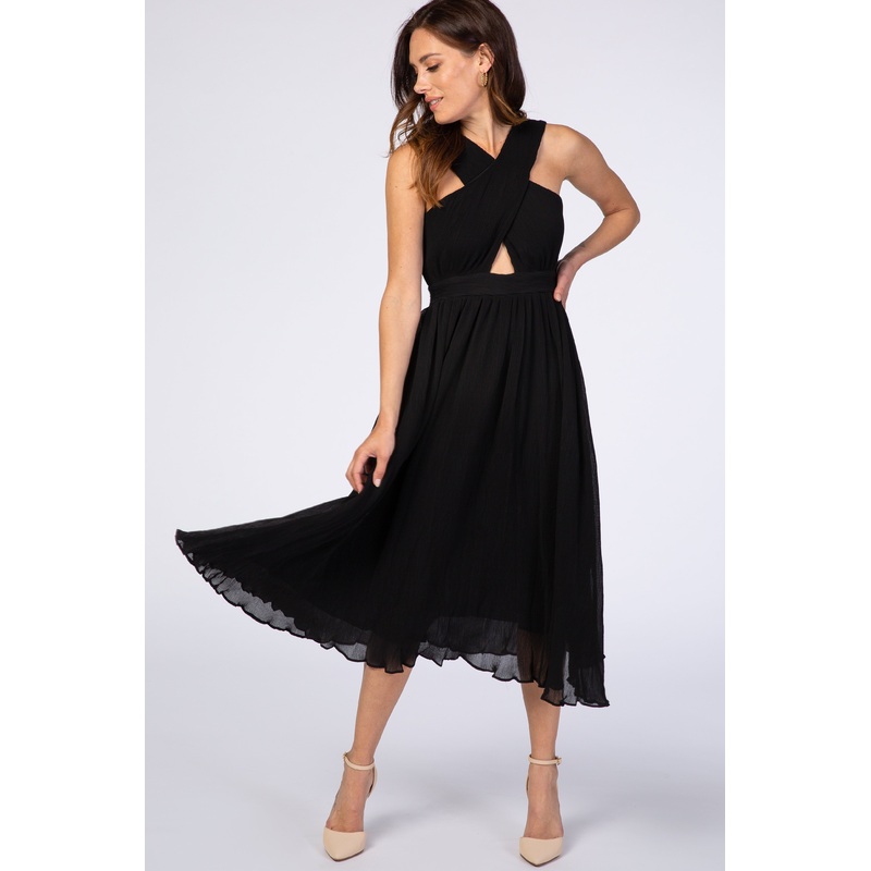 Black Criss-Cross Pleated Lettuce Hem Dress