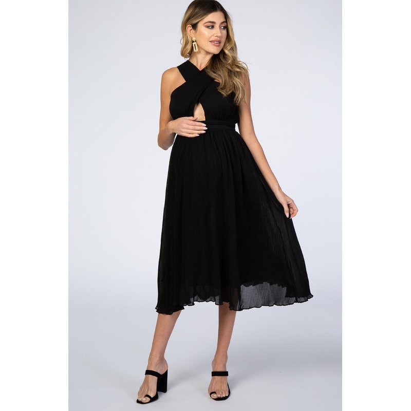 Black Criss-Cross Pleated Lettuce Hem Maternity Dress