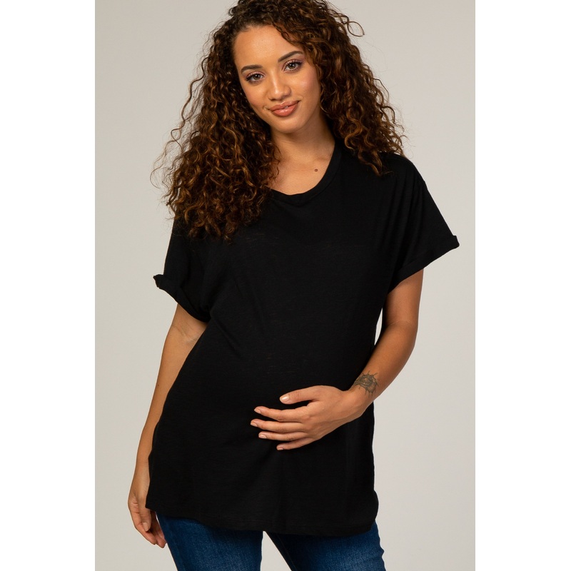 Black Cuffed Sleeve Basic Maternity Tee