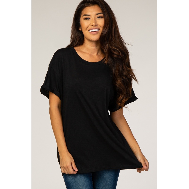 Black Cuffed Sleeve Basic Tee