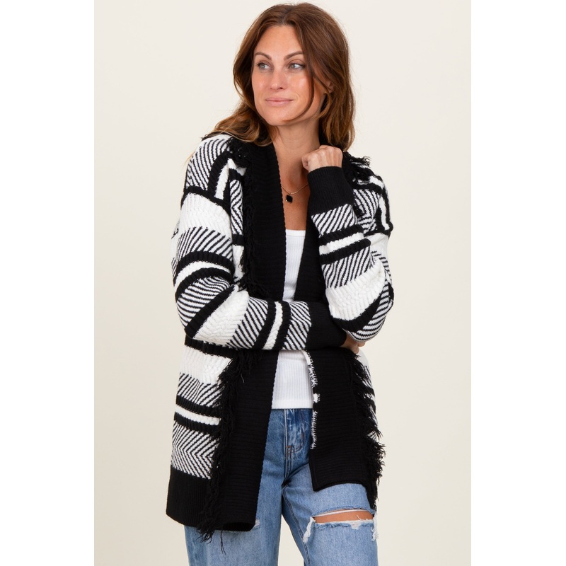Black Mixed Stripe Fringe Shawl Collar Cardigan
