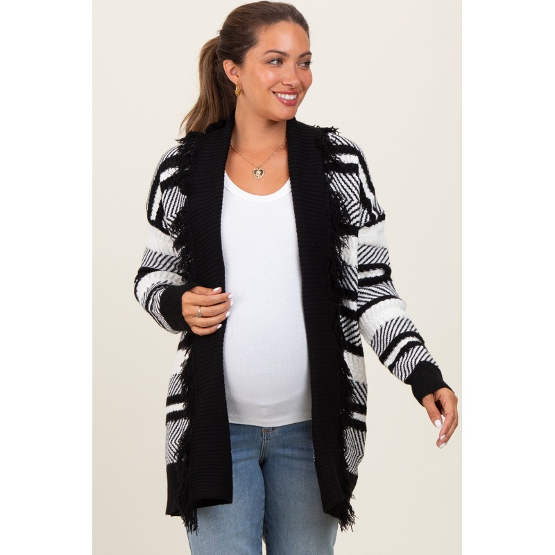 Black Mixed Stripe Fringe Shawl Collar Maternity Cardigan
