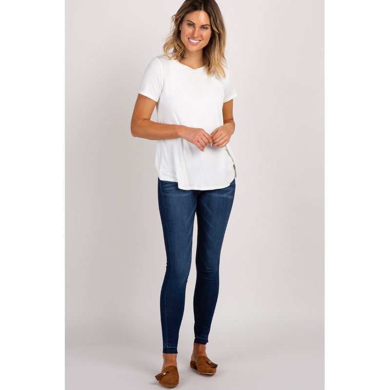 Navy Solid Raw Cut Hem Skinny Jeans