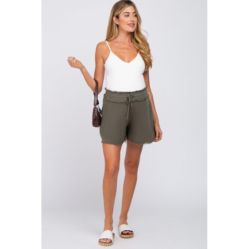 Olive Soft Linen Frayed Drawstring Maternity Shorts
