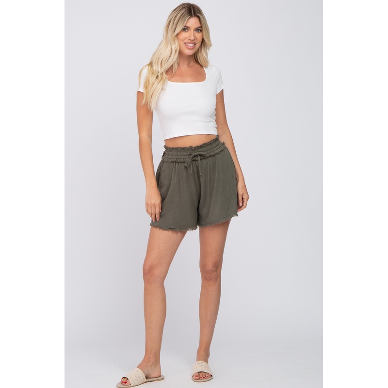 Olive Soft Linen Frayed Drawstring Shorts