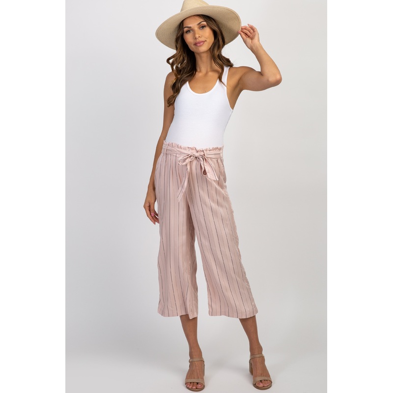 Pink Striped Waist Tie Cropped Maternity Pants
