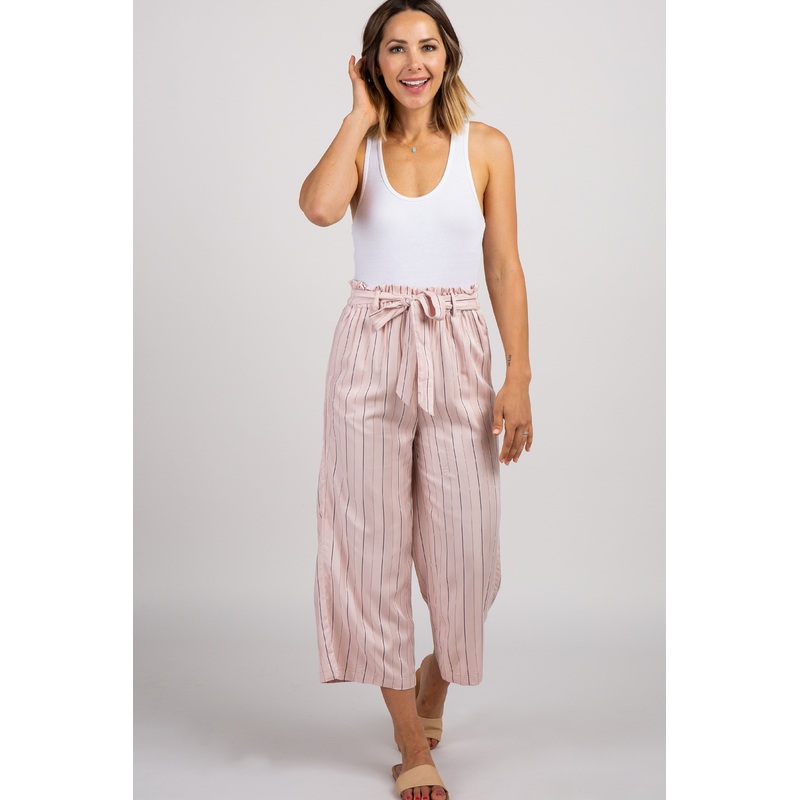 Pink Striped Waist Tie Cropped Pants