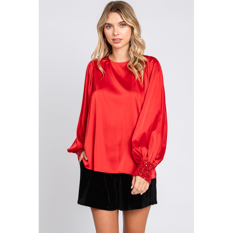 Red Satin Satin Sequin Cuff Blouse
