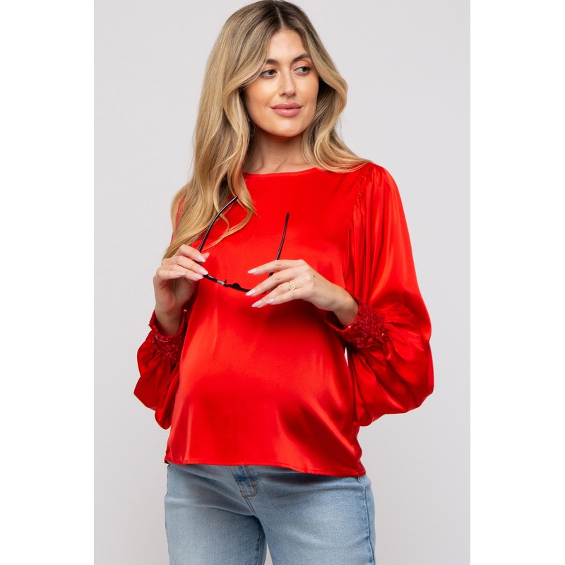 Red Satin Sequin Cuff Maternity Blouse