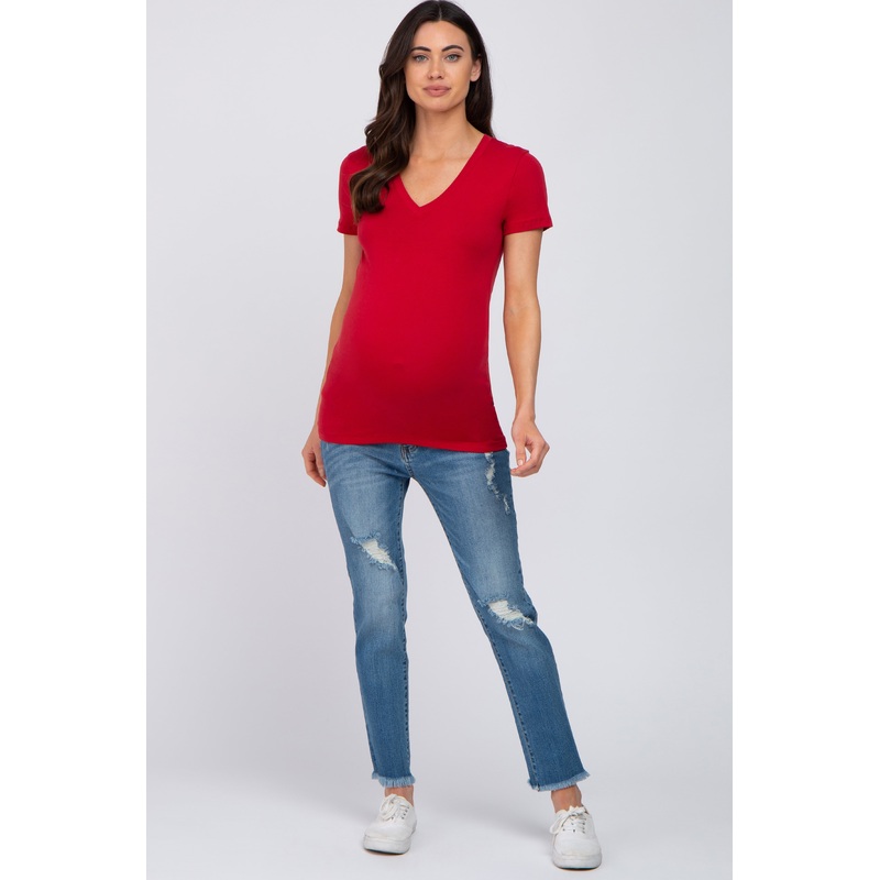 Red V-Neck Short Sleeve Maternity Top